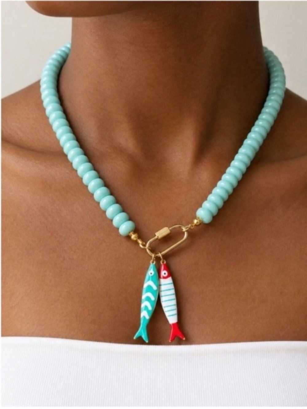 Limited! New! Coastal Cyan Beaded Carabiner Fish Sardines Necklace (4018) NWOT